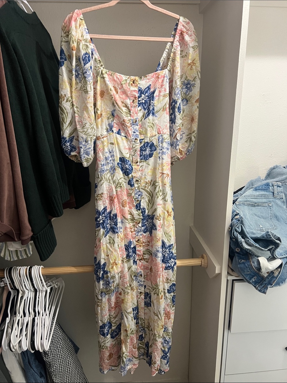 Billabong Floral Maxi Dress in Cream, Blue and Pink - great for gender reveal!